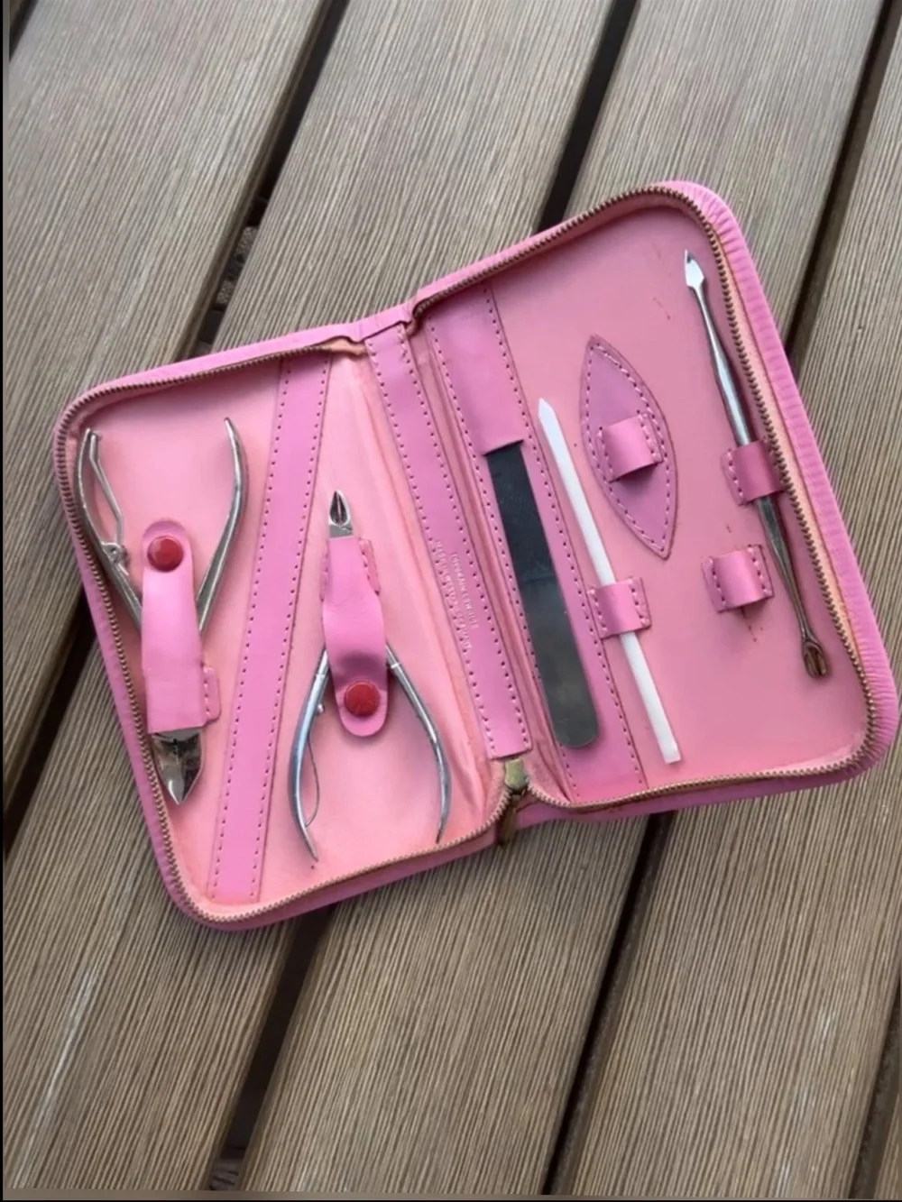 Vintage Pink Topgrain Cowhide Manicure Grooming Set Made in Western Germany